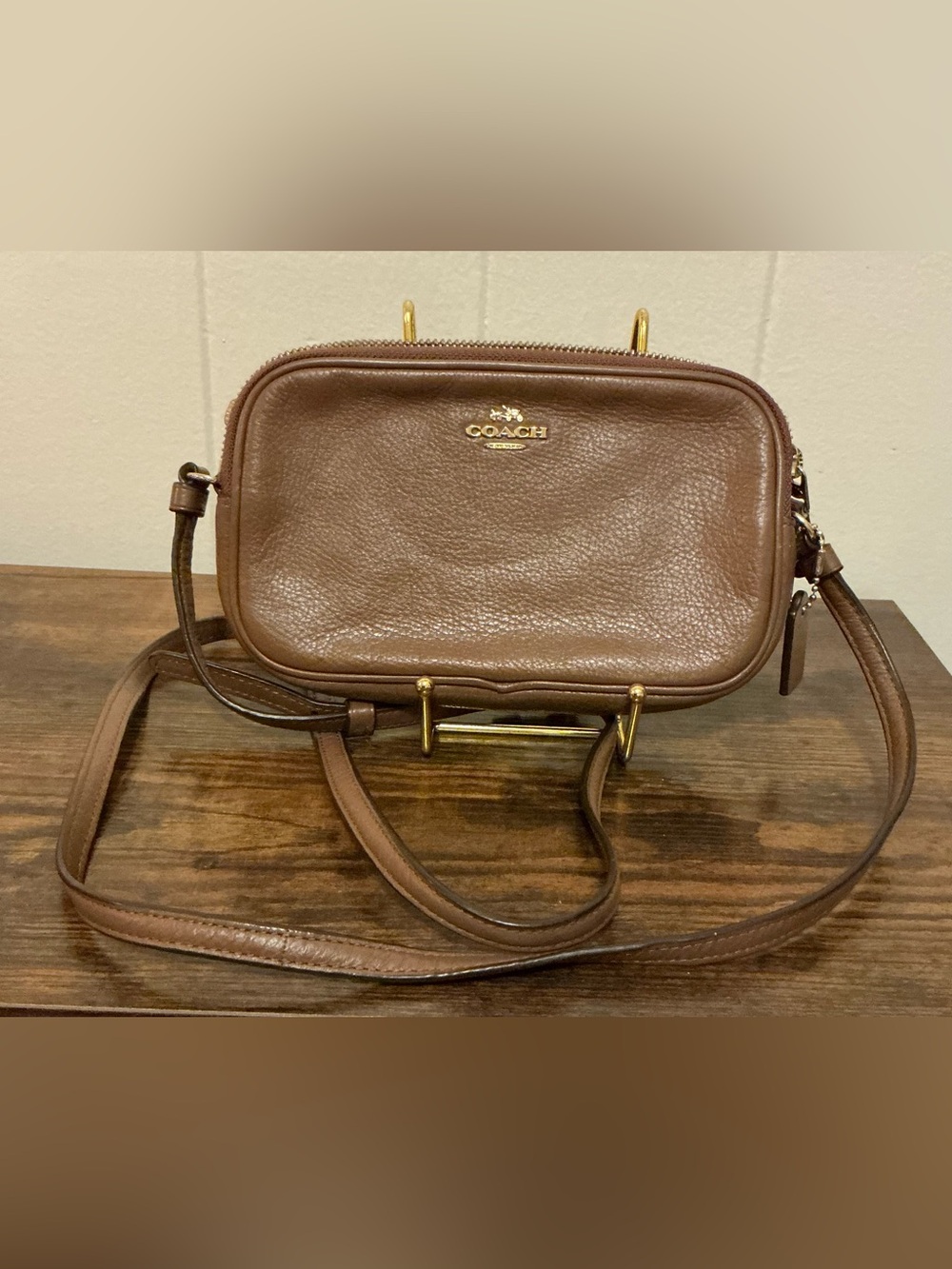 A Coach Mini Jamie Brown Pebbled Leather Crossbody Camera Handbag Bag